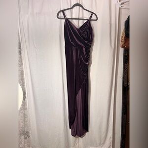 Jules & Cleo Deep Purple Velvet Asymmetrical Dress Deep Slit David’s Bridal